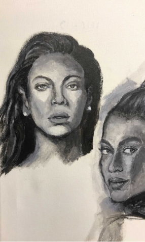 Ingrid W.- “I was just exploring facial anatomy of people and thought Beyoncé’s was interesting, so I wanted to paint her. I also wanted to use the grey scale as the color scheme, so I combined them.” 